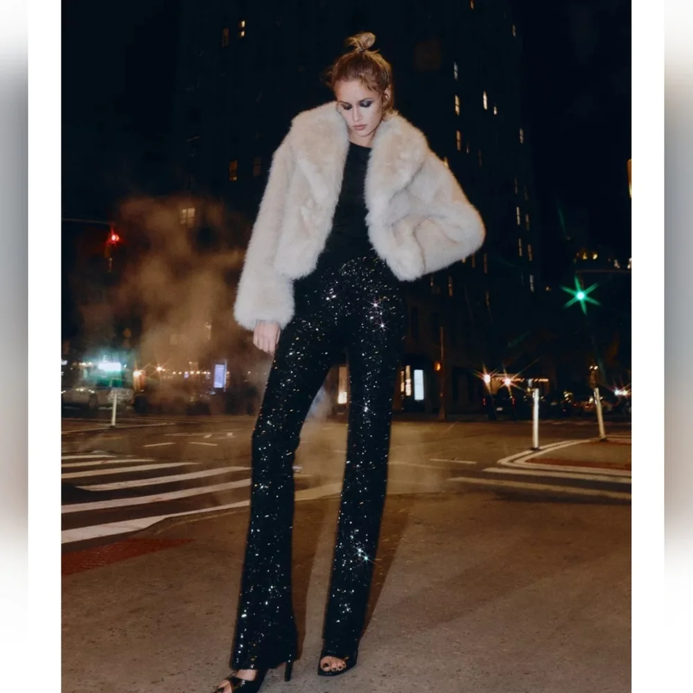Zara Flared Sequin Pants Size Black